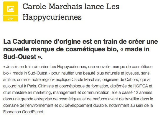 Les Happycuriennes, marque de slow cosmetique bio et vegan, sur Medialot - Cahors - Carole Marchais
