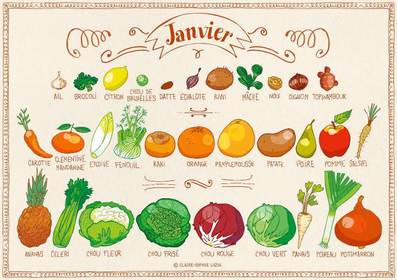 Calendrier fruits et legumes janvier - Special belle peau en hiver