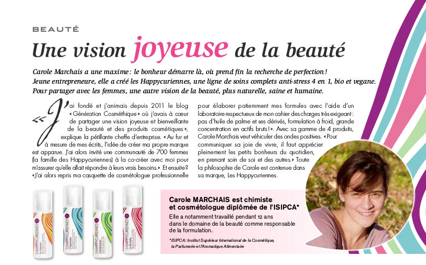 La cosmétique joyeuse de Carole Marchais avec Les Happycuriennes dans Version Fémina Meurthe-et-Moselle du 16 avril 2017
